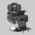 A black leather barber chair with chrome metal base and footrest, shown on a plain white background. 