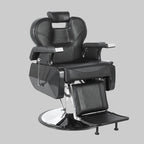 A black leather barber chair with chrome metal base and footrest, shown on a plain white background. 