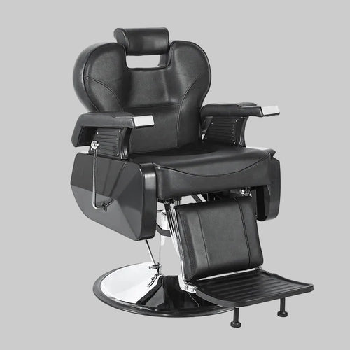 A black leather barber chair with chrome metal base and footrest, shown on a plain white background. 